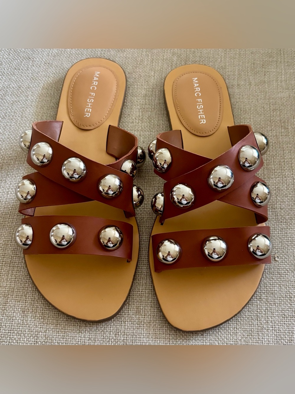 Marc Fisher Tan Leather Slide Sandals with Silver Studs
